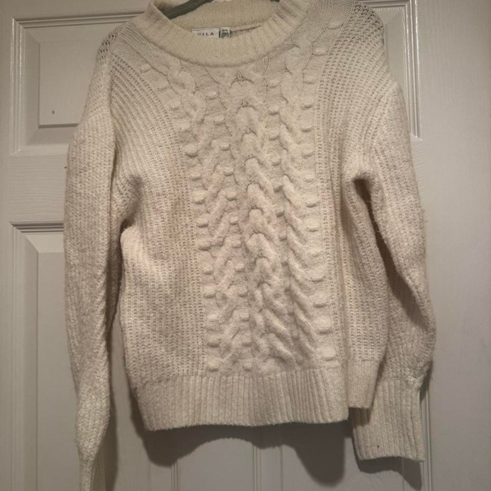 Vila Womens XL Cream Cable Knit Sweater Long Sleeve Crew Neck Off White Pullover